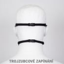 Typ úchytu roušky: pružný tkaloun a trojzubcové zapínání s posuvným jezdcem za hlavu