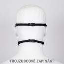 Typ úchytu roušky: pružný tkaloun a trojzubcové zapínání s posuvným jezdcem za hlavu